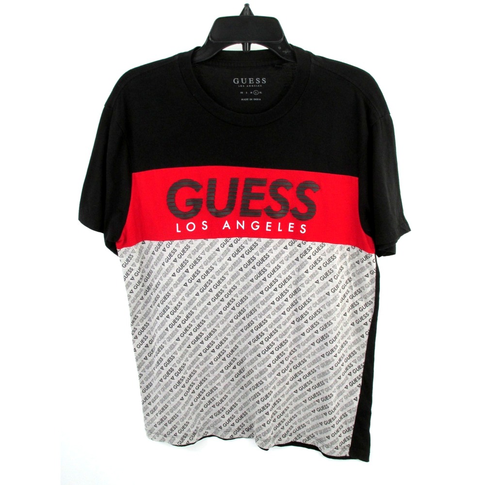 GUESS Boys T-Shirt Large Black Red Embossed Logo Crew Neck Tee X9RI01RI7R1